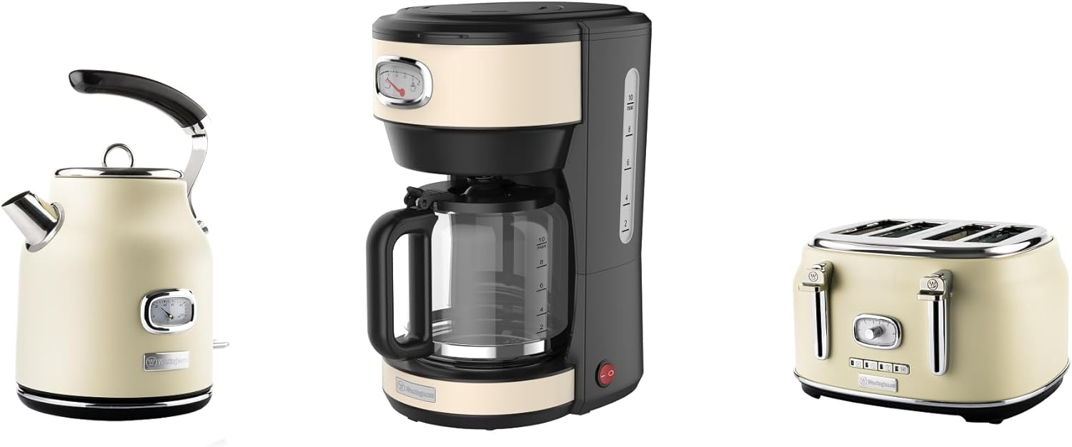 ست توستر، قهوه ساز و کتری برقی وستینگهاوس آمریکا WESTINGHOUSE ‎WES26 صبحانه قرمز، ست صبحانه رترو، توستر 4 اسلایس با گرمکن نان، دستگاه قهوه ساز فیلتر، کتری استیل 1.7 لیتری با فیلتر رسوب آهک